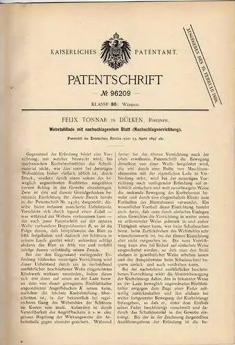 Original Patentschrift - F. Tonnar in Dülken b. Viersen , Rheinpr., 1897 , Webstuhl , Weberei !!!