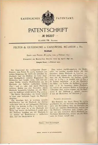 Original Patentschrift - Fa. Felten in Carlswerk , Mülheim a. Rh., 1897 , Drahtseil , Seilerei !!!
