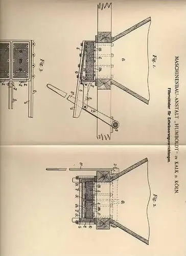 Original Patentschrift - Maschinenbau " Humboldt " in Kalk b. Köln , 1897 , Filterschieber für Entwässerung !!!