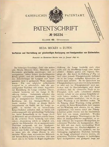 Original Patentschrift - B. Becker in Eupen , 1897 , Edelmetall Bearbeitung , Hüttenwesen !!!