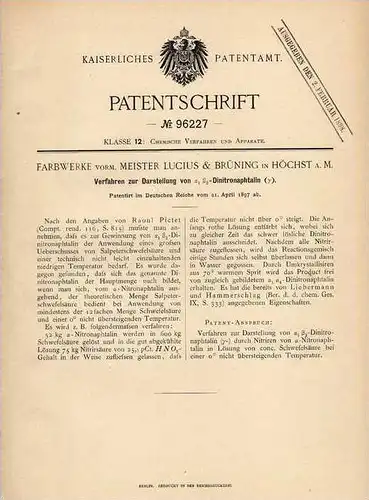 Original Patentschrift - Farbwerke in Höchst a. Main , 1897 , Dinitronaphtalin , Chemie !!!