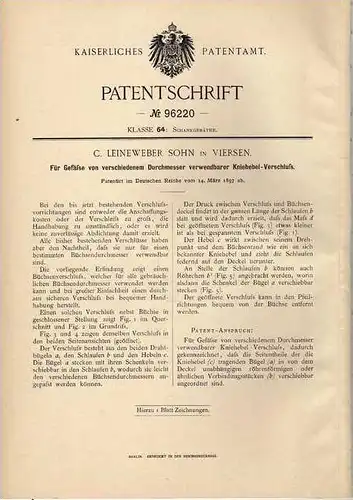 Original Patentschrift - C. Sohn in Viersen , 1897 , Kniehebel Gefäßverschluß !!!