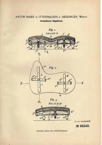 Original Patentschrift - A. Maier in Ittenhausen b. Riedlingen , 1897 , verstellbares Bügelkissen !!!