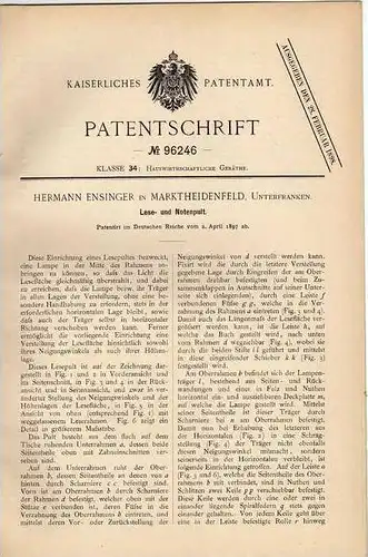 Original Patentschrift - H. Ensinger in Marktheidenfeld , Unterfranken , 1897 , Lese- und Notenpult  !!!