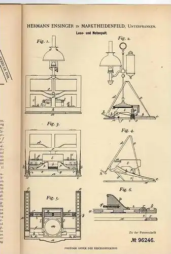 Original Patentschrift - H. Ensinger in Marktheidenfeld , Unterfranken , 1897 , Lese- und Notenpult  !!!