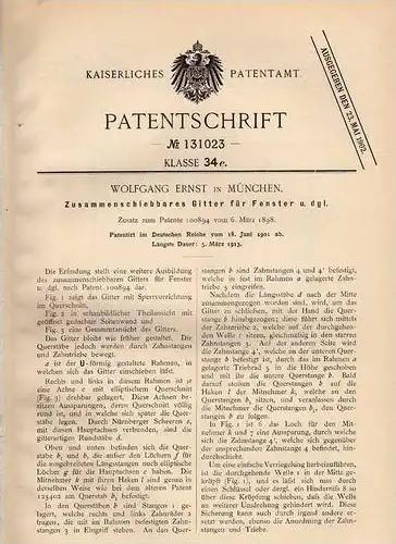 Original Patentschrift - Zusammenlegbares Gitterfenster , 1901 , W. Ernst in München !!!