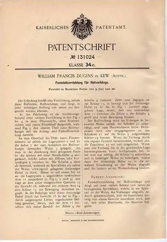 Original Patentschrift - Vorrichtung für Rollvorhänge ,1901,W. Dugins in Kew , Australien !!!