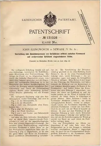 Original Patentschrift - Presse für Gußblöcke , 1899 , J. Illingworth in Newark , USA !!!