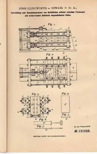 Original Patentschrift - Presse für Gußblöcke , 1899 , J. Illingworth in Newark , USA !!!