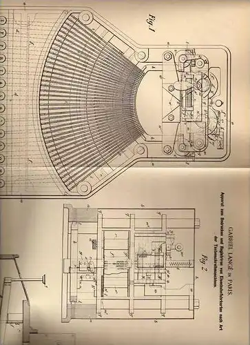 Original Patentschrift - Fahrkarten Maschine für Eisenbahn , 1900 , G. Langé in Paris , Schreibmaschine !!!