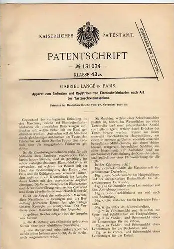 Original Patentschrift - Fahrkarten Maschine für Eisenbahn , 1900 , G. Langé in Paris , Schreibmaschine !!!