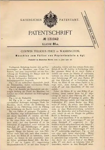 Original Patentschrift - Füllmaschine für Papierbeutel , 1901 , C. Price in Washington  !!!