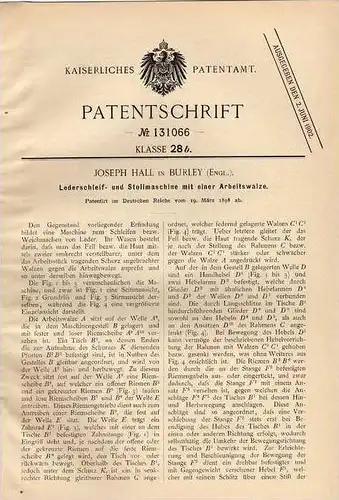 Original Patentschrift - J. Hall in Burley , 1898 , Lederschleif- und Stollmaschine , Sattler , Schuster !!!