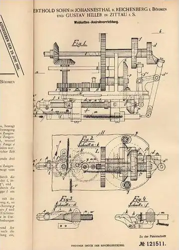 Original Patentschrift - B. Sohn in Johannesthal b. Reichenberg und Zittau , 1900 , Webstuhl Andrehvorricht, Weberei !!!