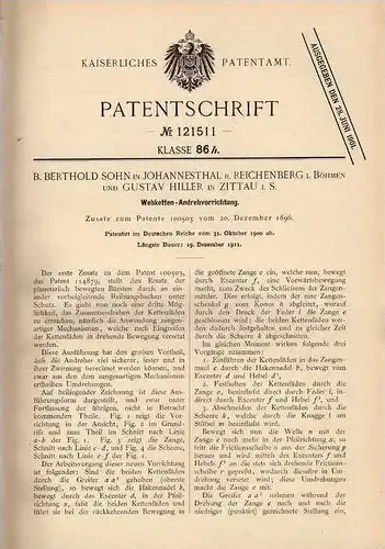 Original Patentschrift - B. Sohn in Johannesthal b. Reichenberg und Zittau , 1900 , Webstuhl Andrehvorricht, Weberei !!!