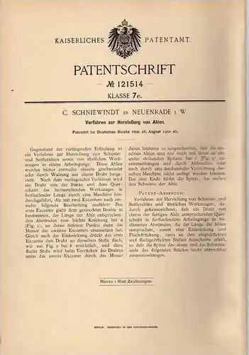 Original Patentschrift - C. Schniewindt in Neuenrad i.W., 1900 , Schuster , Sattler , Herstellung von Ahlen !!!