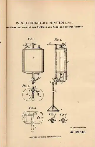 Original Patentschrift - Dr. Berkefeld in Reinstedt , 1900 , Jagd , Jäger , Rattenfänger !!!