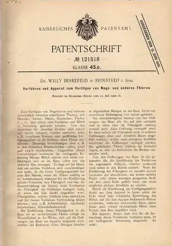 Original Patentschrift - Dr. Berkefeld in Reinstedt , 1900 , Jagd , Jäger , Rattenfänger !!!