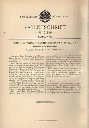 Original Patentschrift - R. Ander in Seifhennersdorf b. Zittau , 1900 , Riemenführer für Riemenscheiben !!!