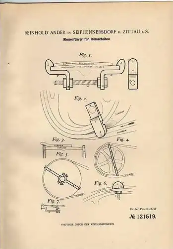 Original Patentschrift - R. Ander in Seifhennersdorf b. Zittau , 1900 , Riemenführer für Riemenscheiben !!!