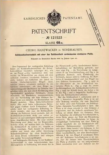 Original Patentschrift - G. Hanewacker in Nordhausen , 1900 , Schloß , Schlüssel , Verschluß für Schlüsselloch !!!