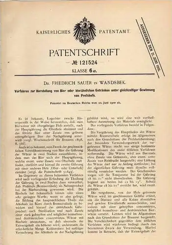 Original Patentschrift - Dr. Sauer in Wandsbek , 1900 , Herstellung von Bier , Alkohol !!!