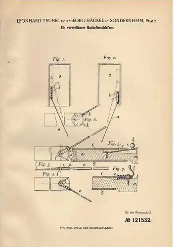 Original Patentschrift - L. Teubel in Sondernheim , Pfalz , 1900 , Schließer für Backofen !!!