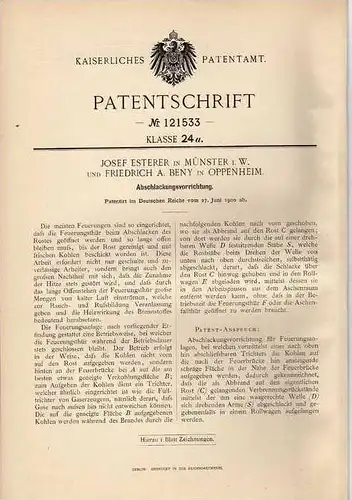 Original Patentschrift - F. Beny in Oppenheim und Münster , 1900, Abschlakungsvorrichtung , Feuerungsanlage , Heizung !!