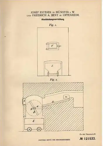 Original Patentschrift - F. Beny in Oppenheim und Münster , 1900, Abschlakungsvorrichtung , Feuerungsanlage , Heizung !!