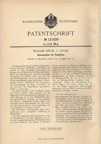Original Patentschrift - W. Siegel in Stade , 1900, Piano , Pianoforte , Klavier !!!