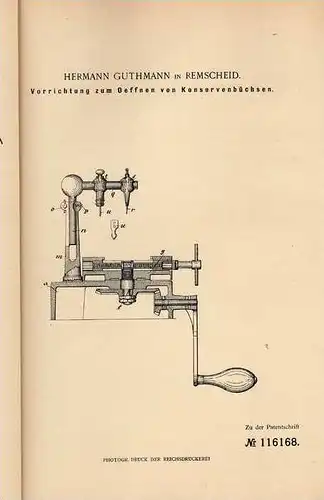 Original Patentschrift - H. Guthmann in Remscheid , 1899 , Büchsenöffner , Konservenöffner !!!