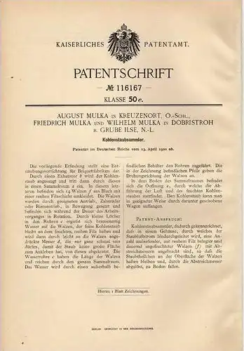 Original Patentschrift - Gebr. Mulka in Kreuzenort und Dobristroh b. Grube Ilse , 1900, Kohlenstaubsammler !!!