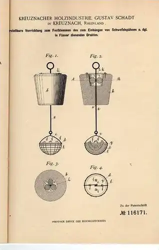 Original Patentschrift - G. Schadt in Kreuznach ,1900 , Vorrichtung für Fässer , Wein , Weinfass !!!