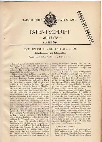 Original Patentschrift -J. Knogler in Geisenfeld a.d. Ilm , 1900, Malzentkeimungs- und Poliermaschine !!!