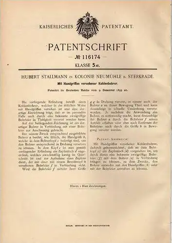 Original Patentschrift - H. Stallmann in Kolonie Neumühle b. Sterkrade , 1899 , Kohlenbohrer !!!