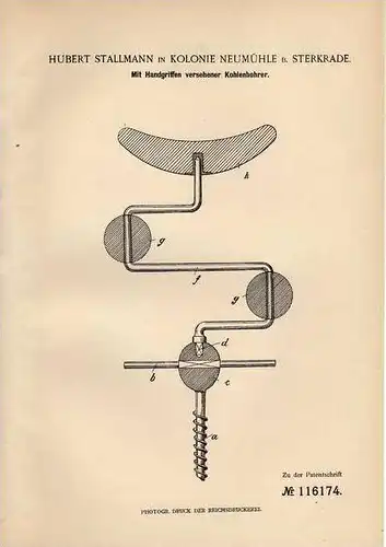 Original Patentschrift - H. Stallmann in Kolonie Neumühle b. Sterkrade , 1899 , Kohlenbohrer !!!