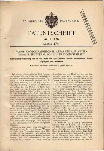 Original Patentschrift - Photographische Apparate Fabrik in Dresden - Striesen , 1900, Roll Camera , Photographie !!!