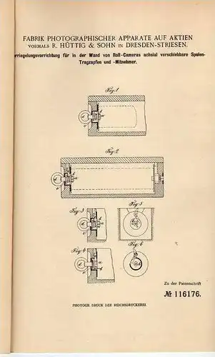 Original Patentschrift - Photographische Apparate Fabrik in Dresden - Striesen , 1900, Roll Camera , Photographie !!!