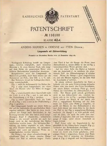 Original Patentschrift - A. Hansen in Odense auf Fyen , 1899 , Zählvorrichtung , Dänemark !!!