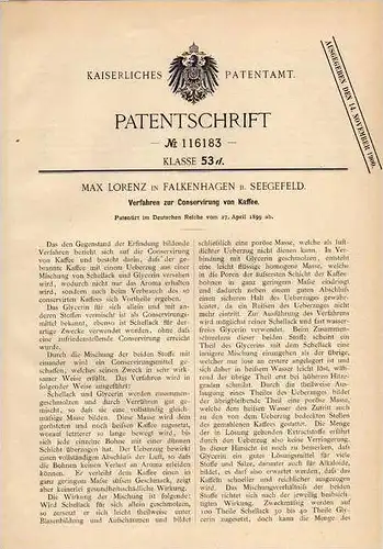 Original Patentschrift - M. Lorenz in Falkenhagen b. Seegefeld , 1899 , Konservierung von Kaffee !!!