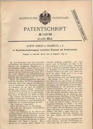 Original Patentschrift - A. Simon in Harburg a. E. , 1899 , Plansieb mit Förderleisten !!!