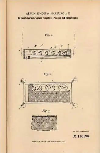 Original Patentschrift - A. Simon in Harburg a. E. , 1899 , Plansieb mit Förderleisten !!!