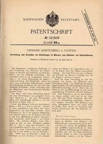 Original Patentschrift - G. Lichtenberg in Vlotho , 1900 , Messer zum Schlachten , mit Einstellvorrichtung !!!