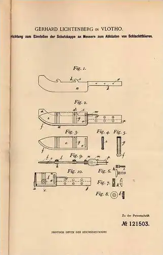 Original Patentschrift - G. Lichtenberg in Vlotho , 1900 , Messer zum Schlachten , mit Einstellvorrichtung !!!