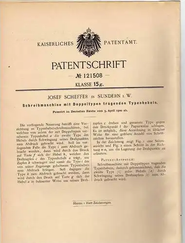 Original Patentschrift - J. Scheffer in Sundern i. W. , 1900 , Schreibmaschine !!!