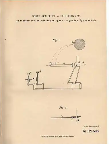 Original Patentschrift - J. Scheffer in Sundern i. W. , 1900 , Schreibmaschine !!!