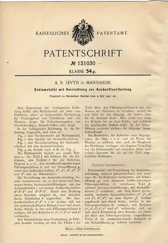 Original Patentschrift - Reklame Anzeigetafel , 1901 , A. Levyn in Mannheim !!!