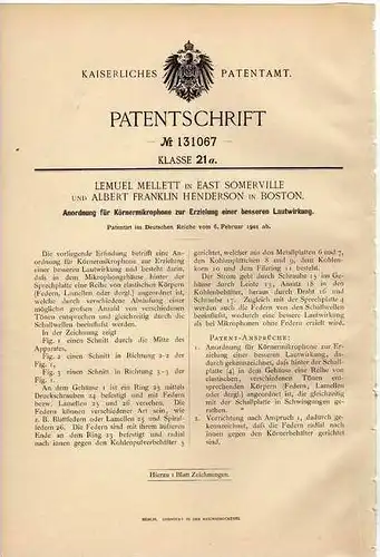 Original Patentschrift - Mikrophone , Körnermikrophone , 1901 , L. Mellett in East Somerville und Boston , Mikrofon !!!