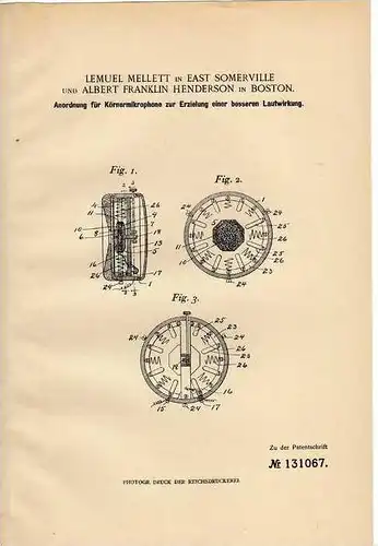 Original Patentschrift - Mikrophone , Körnermikrophone , 1901 , L. Mellett in East Somerville und Boston , Mikrofon !!!