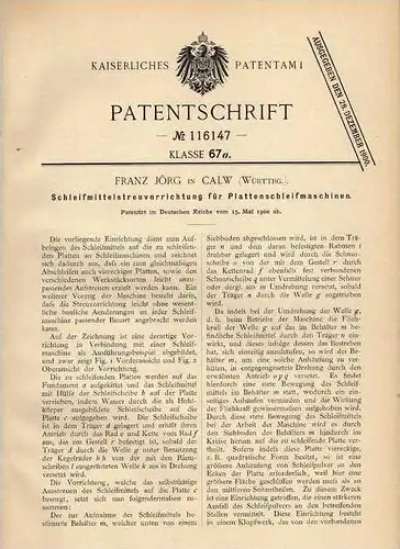Original Patentschrift - Plattenschleifmaschine , F. Jörg in Calw , 1900 !!!